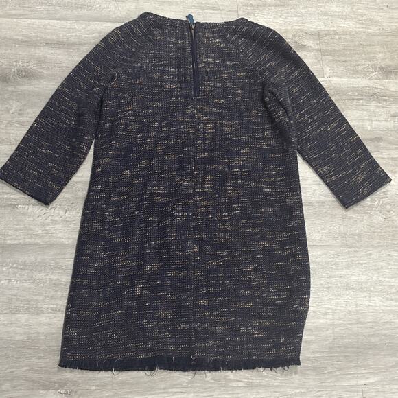Joules Tweed Shift Dress Womens 6 Navy Brown 3/4 Sleeve Frayed Hem Back Zip - Picture 9 of 9